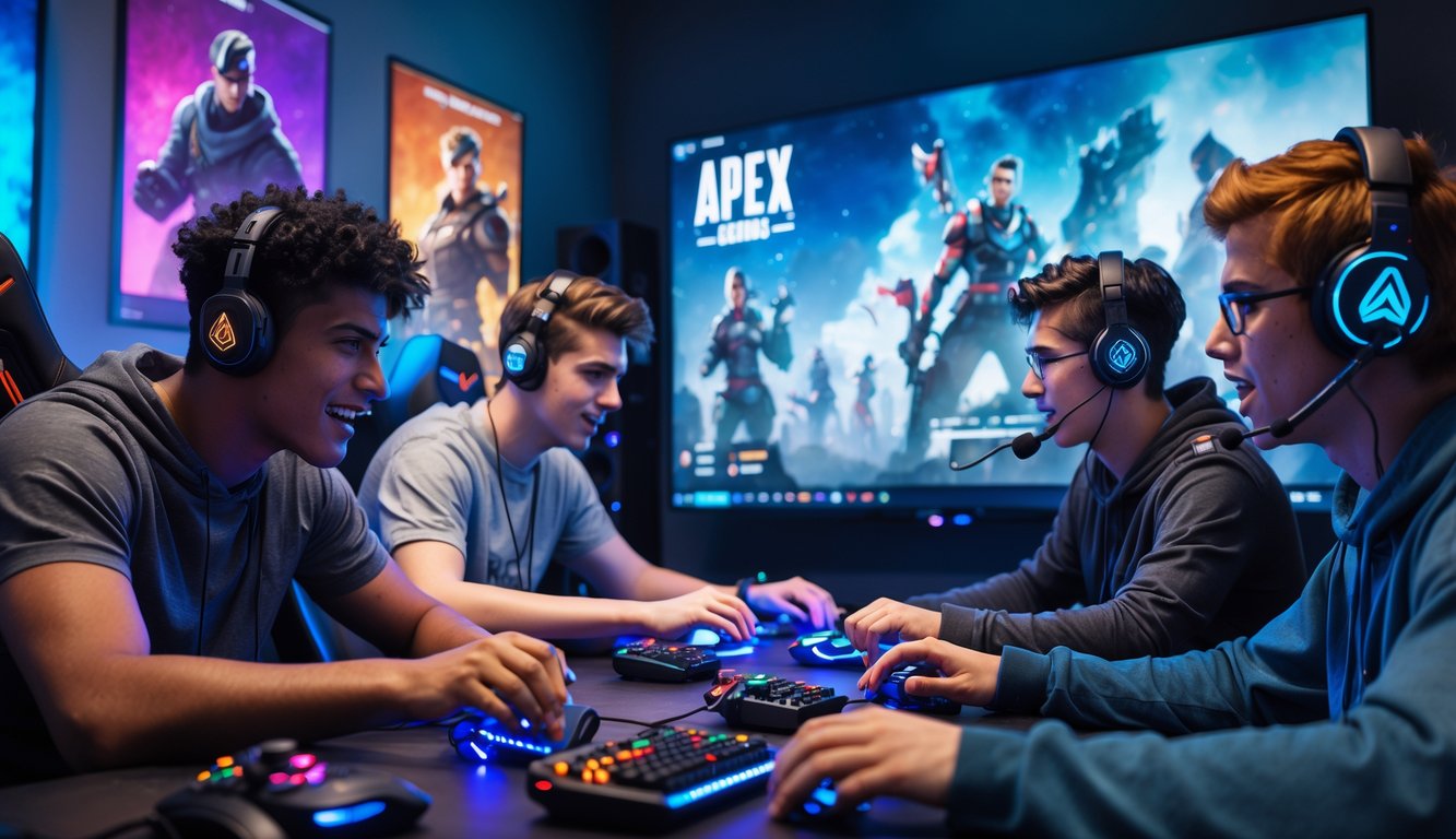 Sekelompok pria muda bermain Apex Legends bersama di ruang permainan modern dengan peralatan gaming lengkap dan suasana penuh semangat.