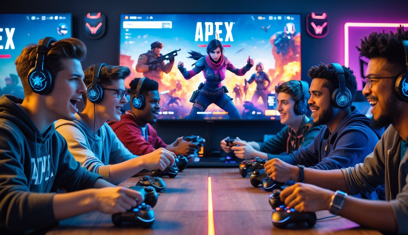 Sekelompok orang muda bermain game Apex Legends bersama di sebuah ruangan gaming yang terang dan modern, tampak fokus dan bersemangat.