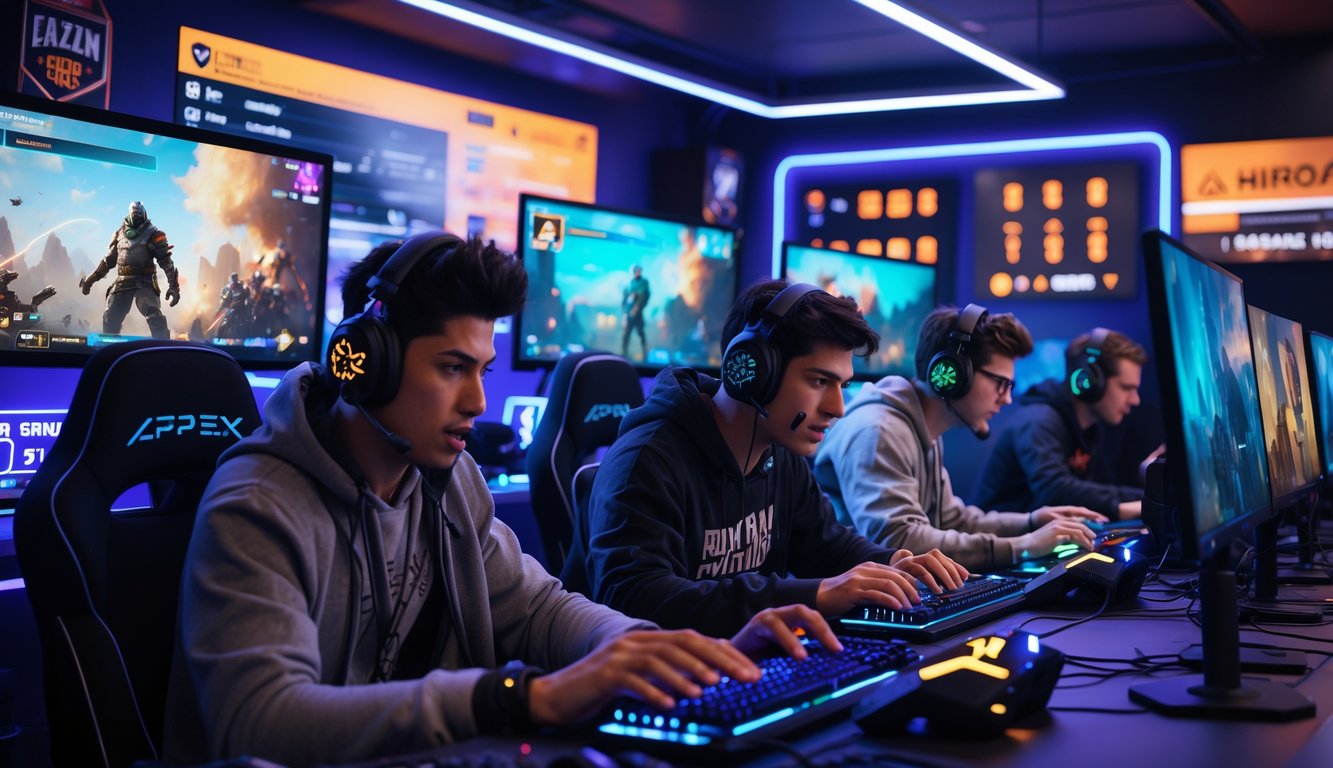 Sekelompok orang muda sedang bermain Apex Legends dengan serius di ruang bermain yang dilengkapi monitor dan lampu LED berwarna-warni.