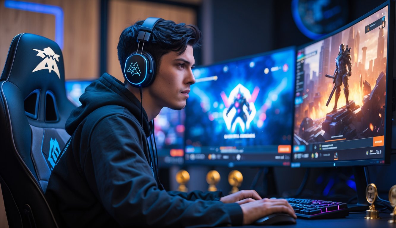 Seorang pemain muda serius sedang bermain Apex Legends di komputer dengan layar menampilkan permainan yang intens, di ruangan dengan pencahayaan dan peralatan game modern.