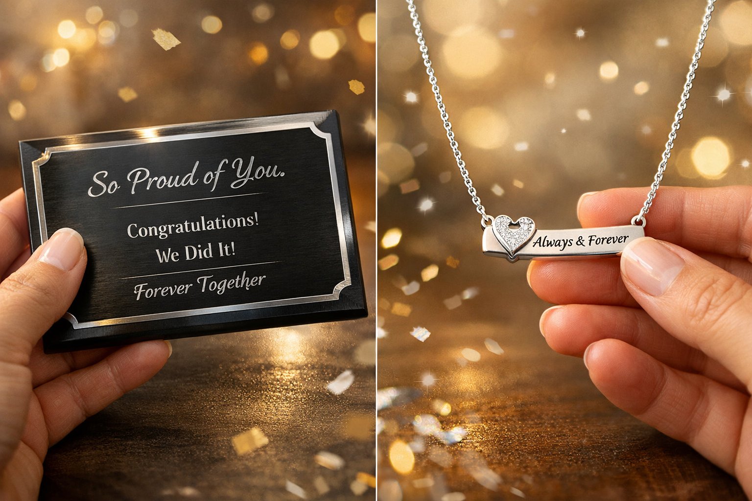 Close-up of hands holding a custom plaque and a message necklace, highlighting their details in a softly lit setting.