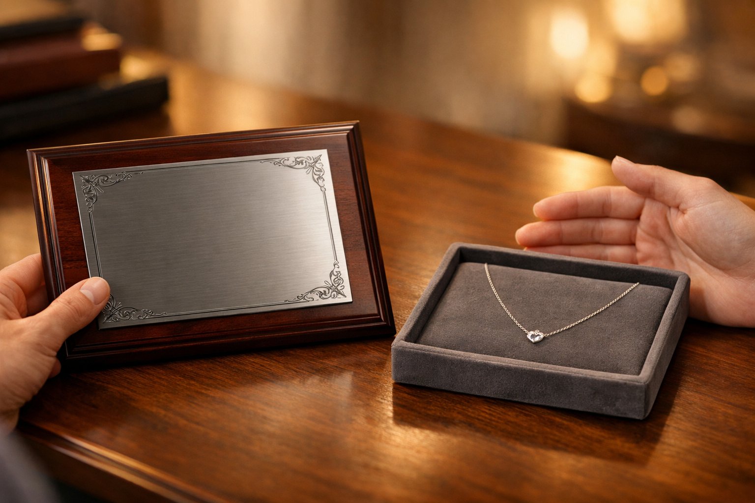 A close-up of a custom plaque and a message necklace on a wooden desk with a person's hands nearby, suggesting a thoughtful comparison between the two keepsakes.
