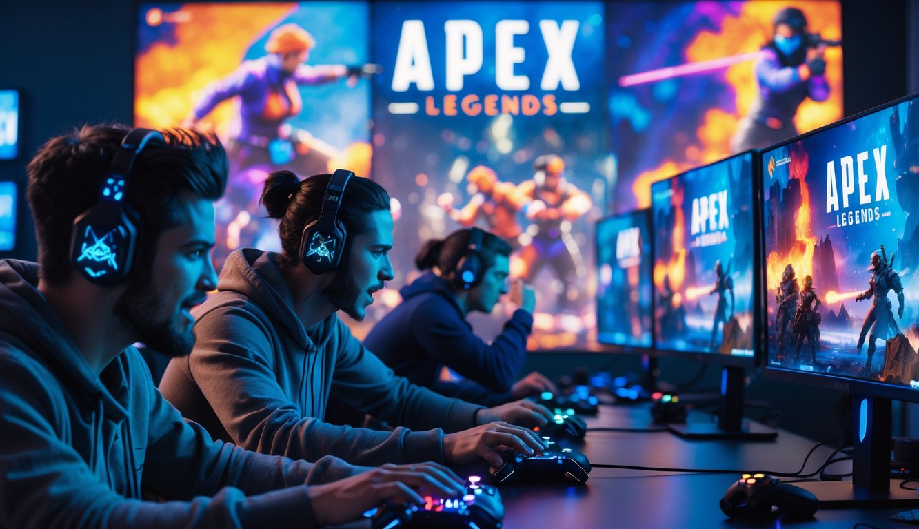 Sekelompok pemain sedang bermain game Apex Legends dengan fokus di ruang permainan modern yang penuh dengan layar dan peralatan gaming.