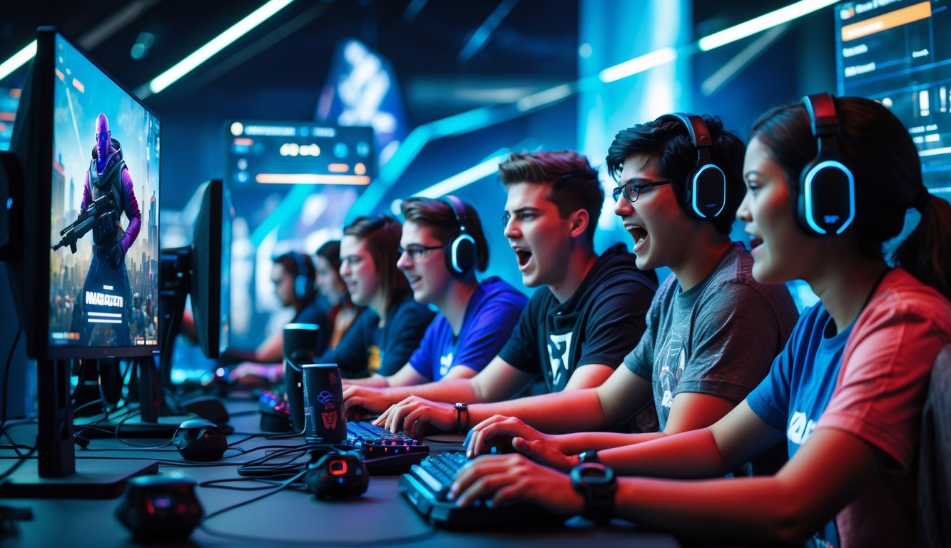 Sekelompok orang muda sedang bermain game komputer dengan serius di ruang gaming yang modern dan berteknologi tinggi.