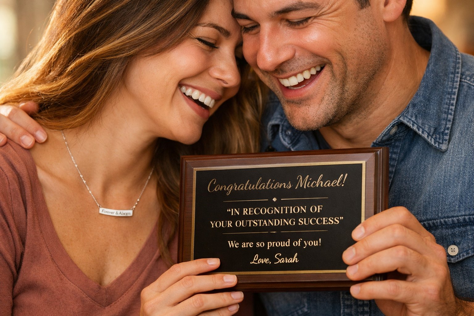 Two people celebrating a big win, one holding a custom plaque and the other wearing a message necklace, sharing a joyful and intimate moment.