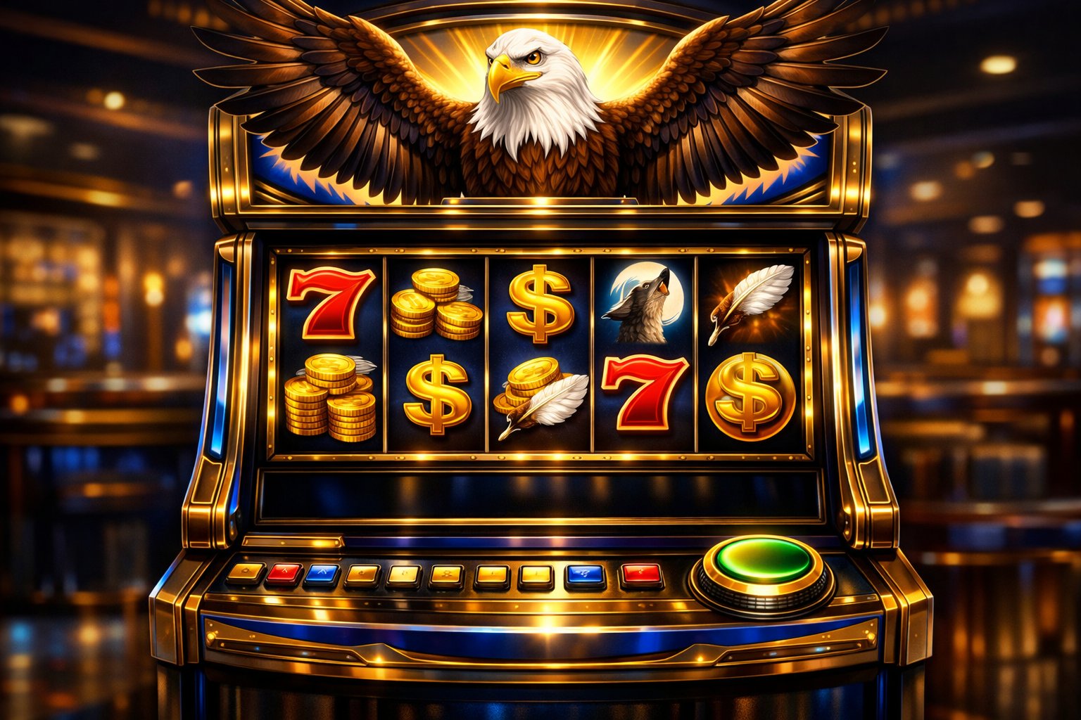 A Casino Slot Machine Featuring A Bald Eagle With Wings Spread And Reels Showing Coins, Sevens, Dollar Signs, And Feathers In A Casino Setting.