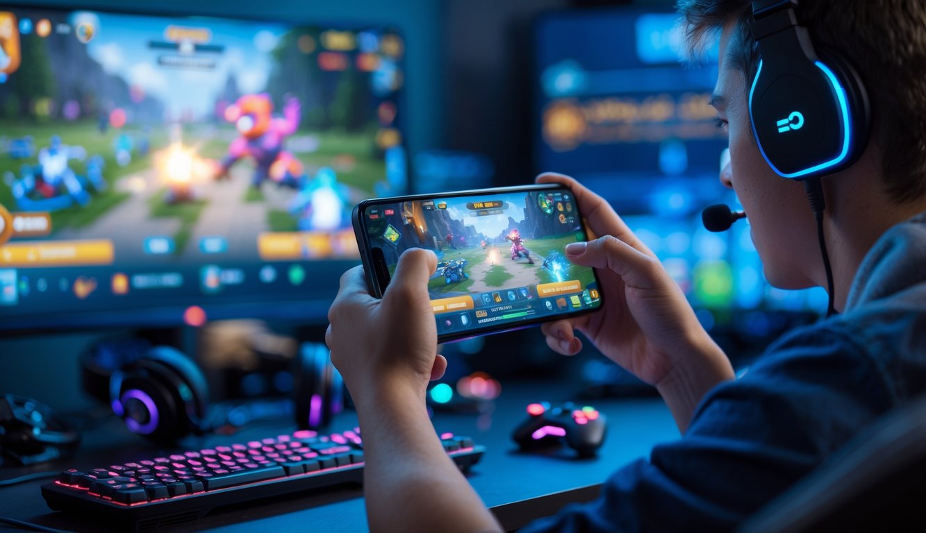 Seorang pemain muda sedang fokus bermain game di ponsel dengan latar belakang peralatan gaming.