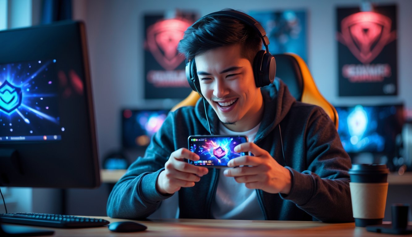 Seorang pemain muda fokus bermain game di ponsel di dalam ruangan dengan pencahayaan terang.