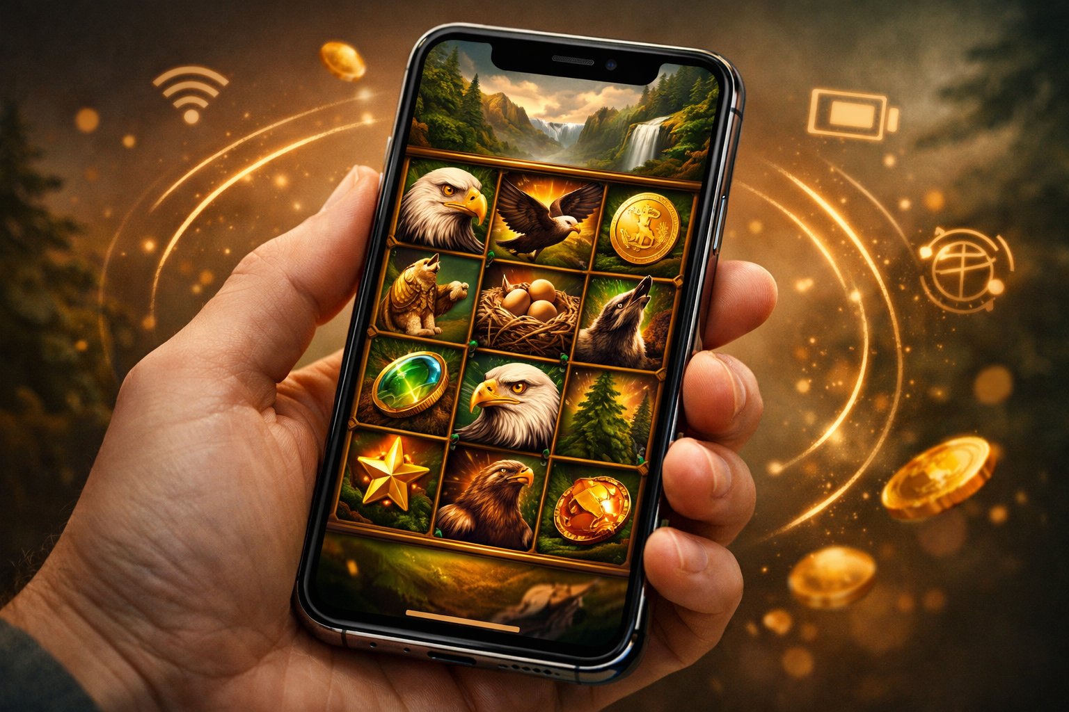 A Hand Holding A Smartphone Showing A Slot Game With Eagle And NatureThemed Symbols On The Screen.