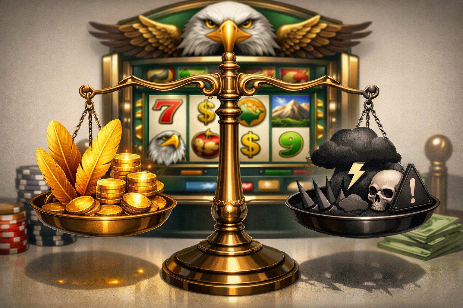 A Balanced Scale With Eagle Feathers And Coins On One Side And Shadows With Caution Symbols On The Other, With A Slot Machine Featuring Eagle Designs In The Background.