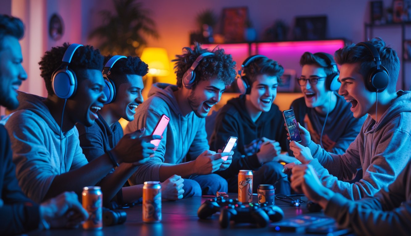 Sekelompok orang muda sedang asyik bermain game mobile bersama di ruang tamu dengan pencahayaan warna-warni dan ekspresi antusias.