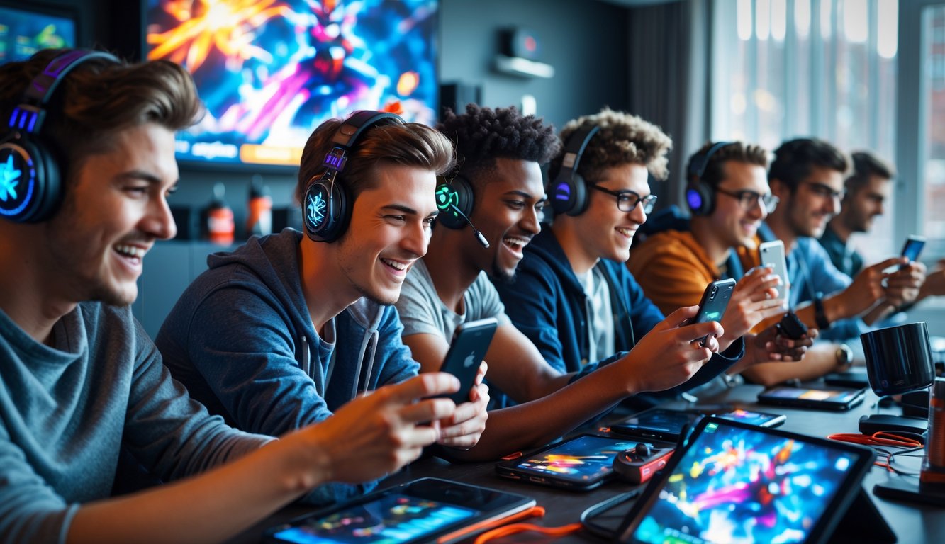 Sekelompok orang muda bermain game mobile bersama dengan ekspresi serius dan senang di ruangan modern.