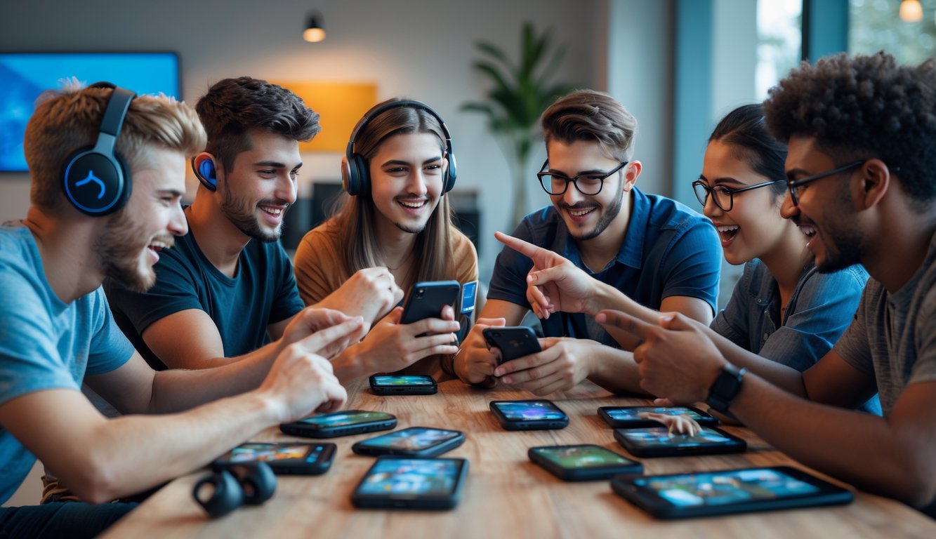 Sekelompok orang muda bermain game mobile bersama sambil berkomunikasi dan bekerja sama dengan antusias.