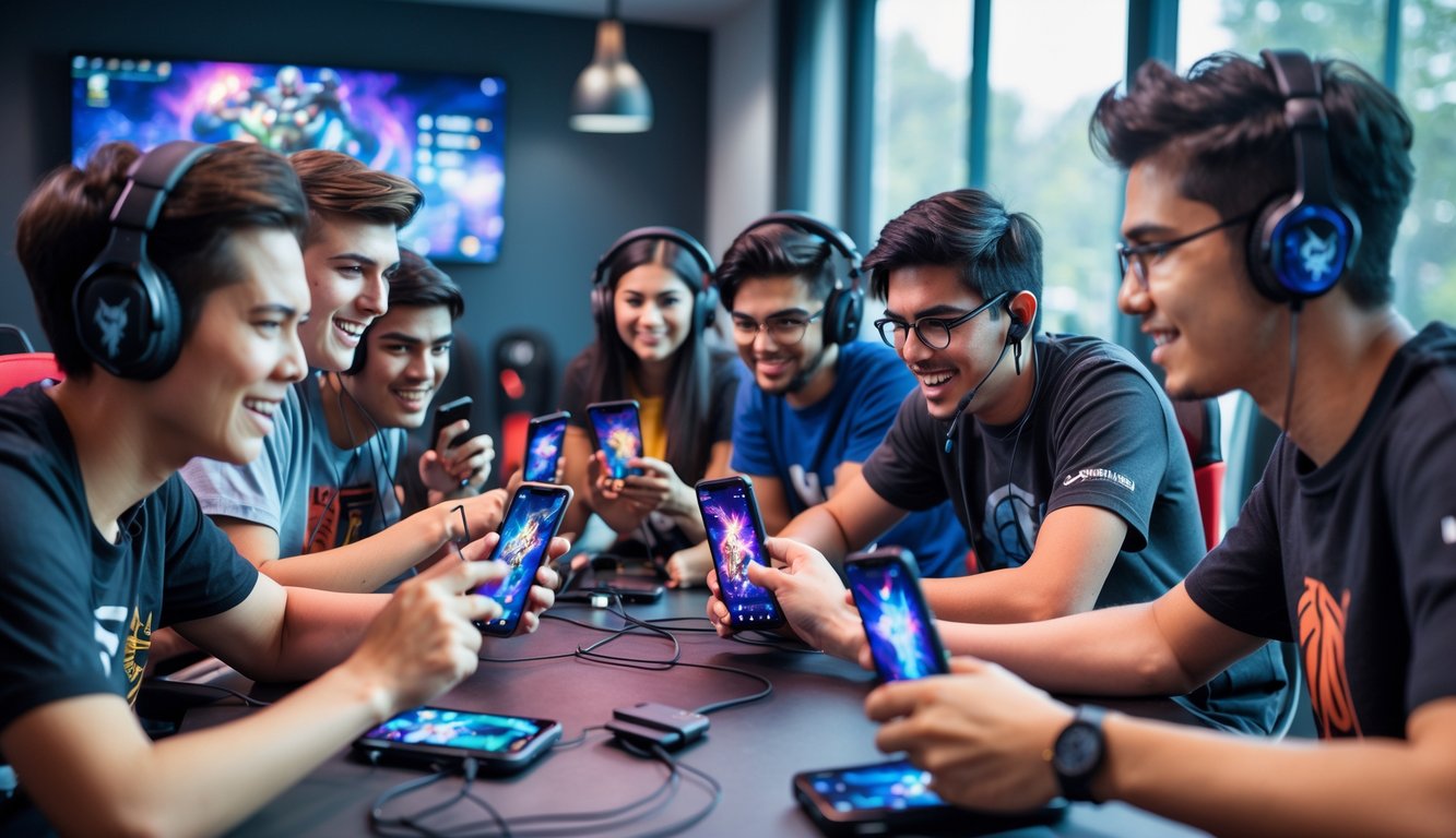 Sekelompok orang muda bermain game di ponsel bersama sambil berkomunikasi dan bekerja sama dengan antusias.