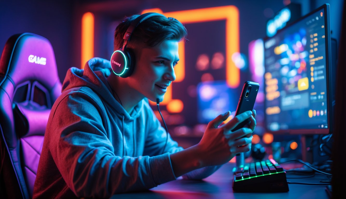 Seorang gamer muda sedang fokus memainkan game di ponsel dalam ruangan gaming dengan pencahayaan warna-warni.
