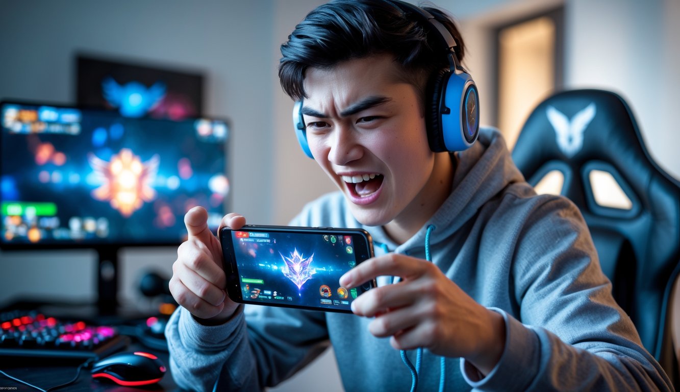 Seorang pemain muda sedang serius bermain game di ponsel dengan ekspresi fokus dan antusias di sebuah ruangan modern.