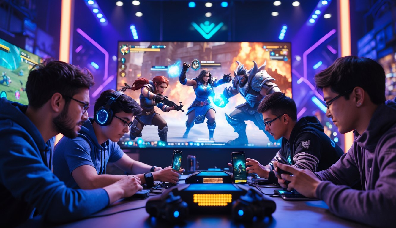 Lima pemain sedang serius bermain game mobile 5v5 dengan latar belakang pertempuran dalam game yang intens.