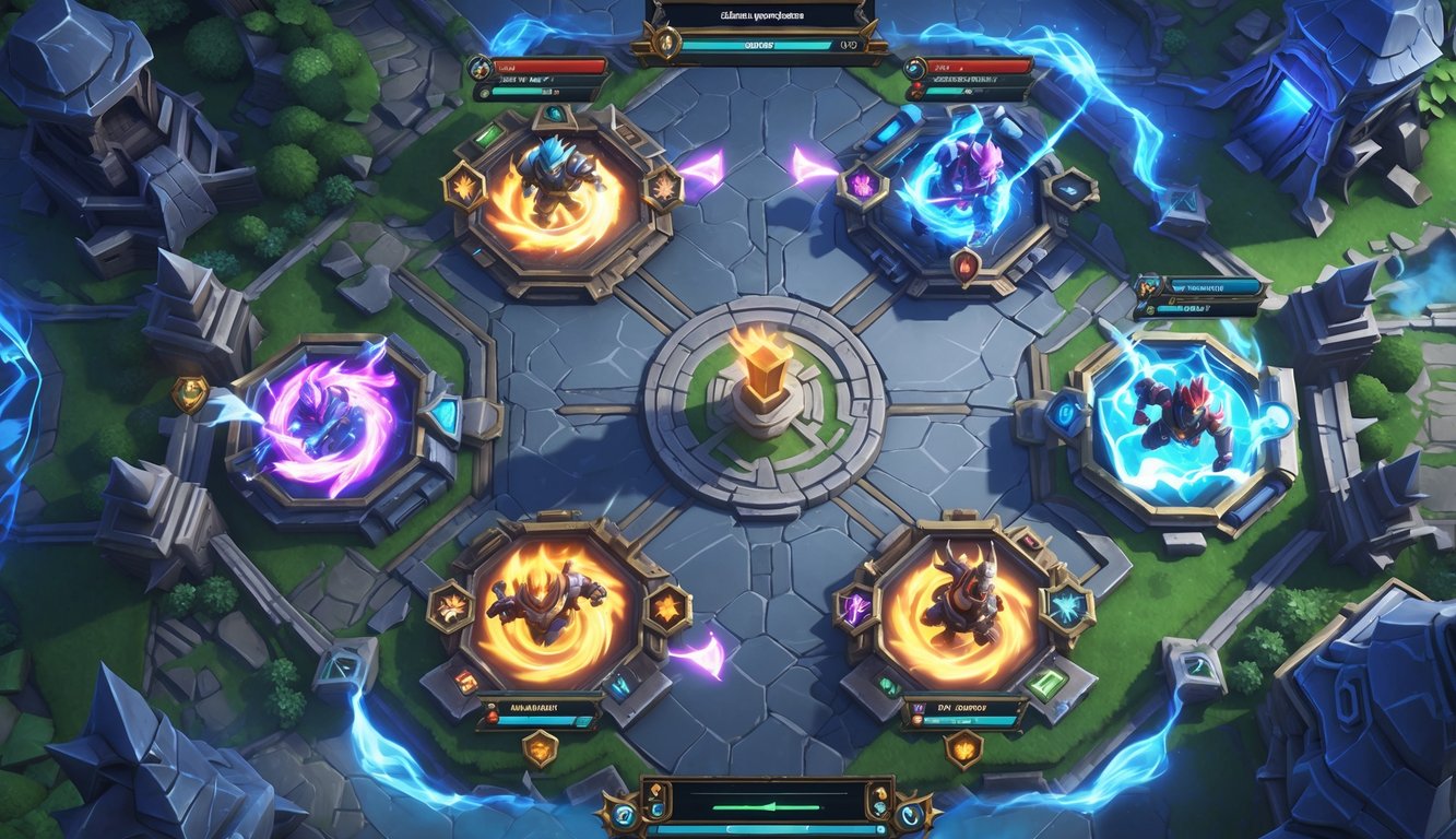 Pemandangan pertempuran 5v5 dalam game mobile dengan lima pahlawan dari dua tim yang sedang bertarung di medan laga fantasi yang penuh warna.