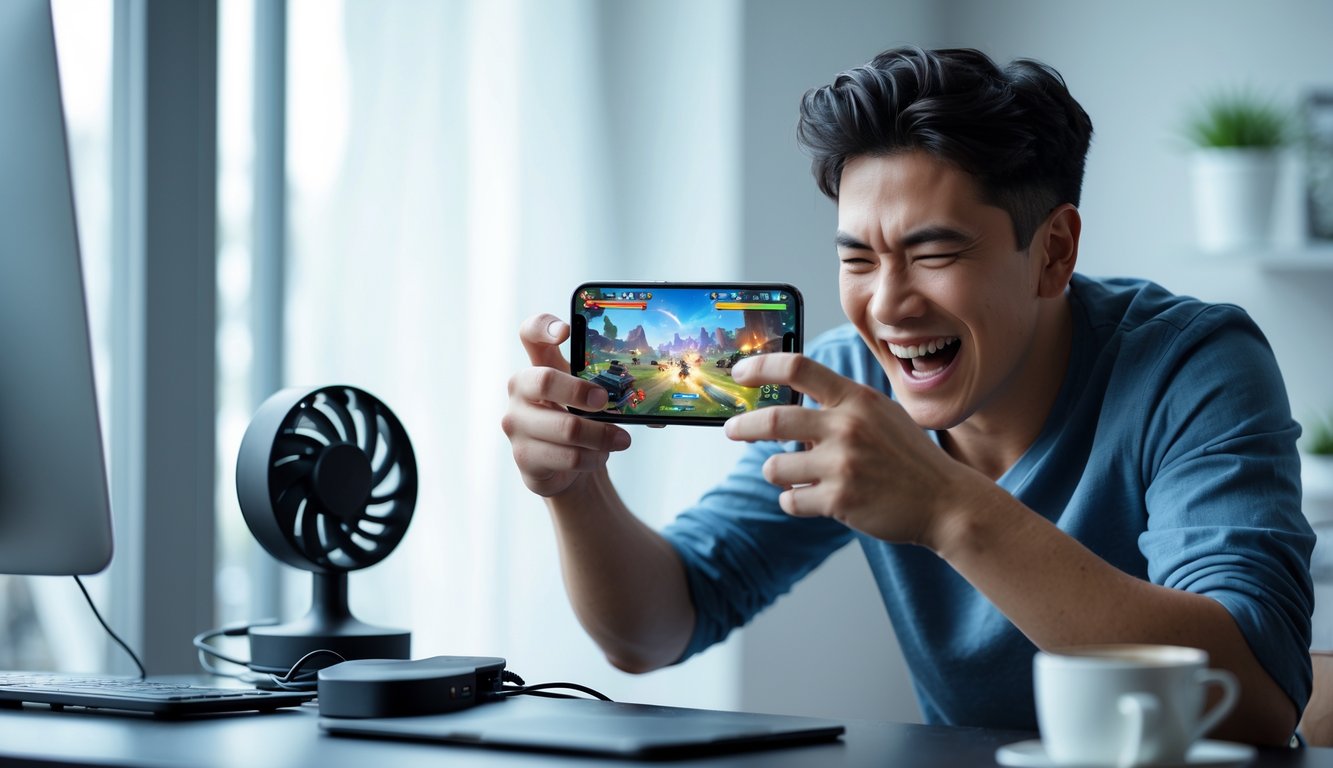 Seorang pria muda bermain game di ponsel dengan ekspresi fokus dan senang di dalam ruangan dengan dekorasi modern.