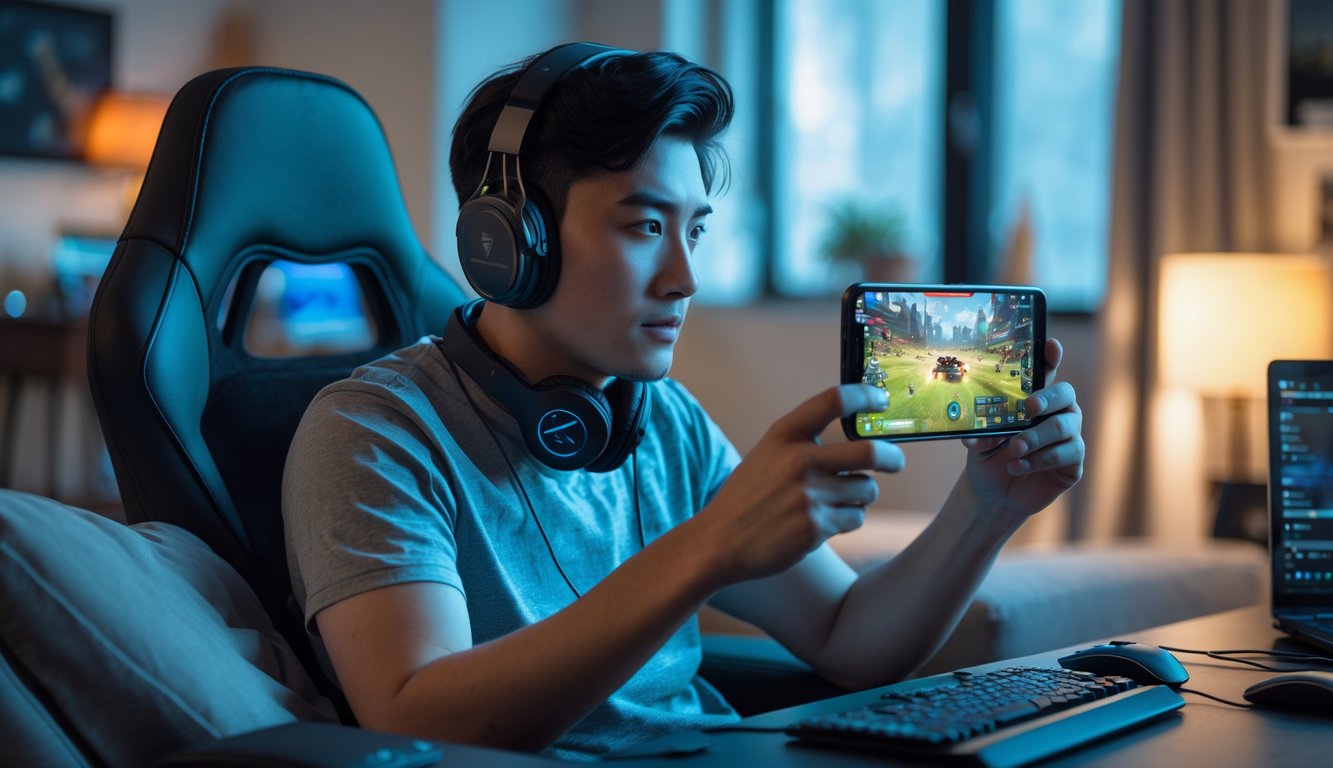 Seorang pria muda sedang fokus bermain game di ponsel di ruang tamu yang sederhana.