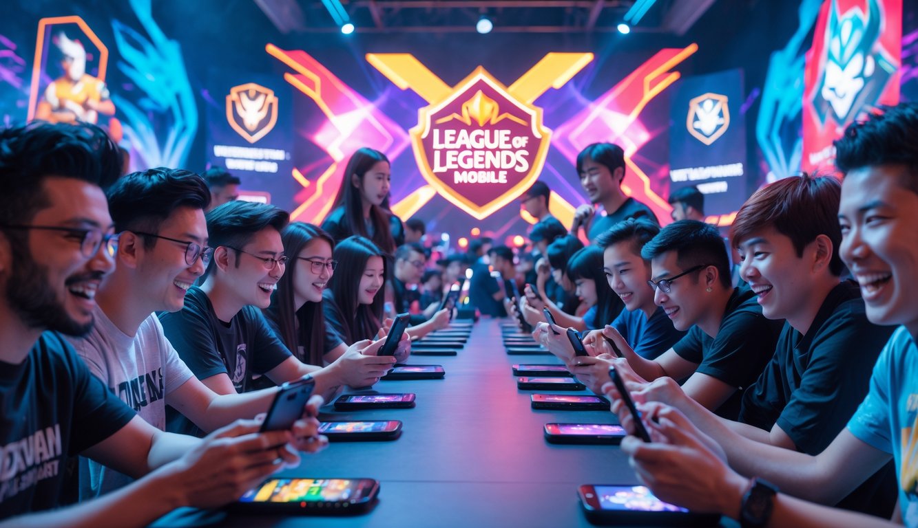 Sekelompok orang muda sedang bermain game di ponsel dengan ekspresi antusias di ruangan modern yang dihiasi dengan lampu neon dan dekorasi bertema permainan.