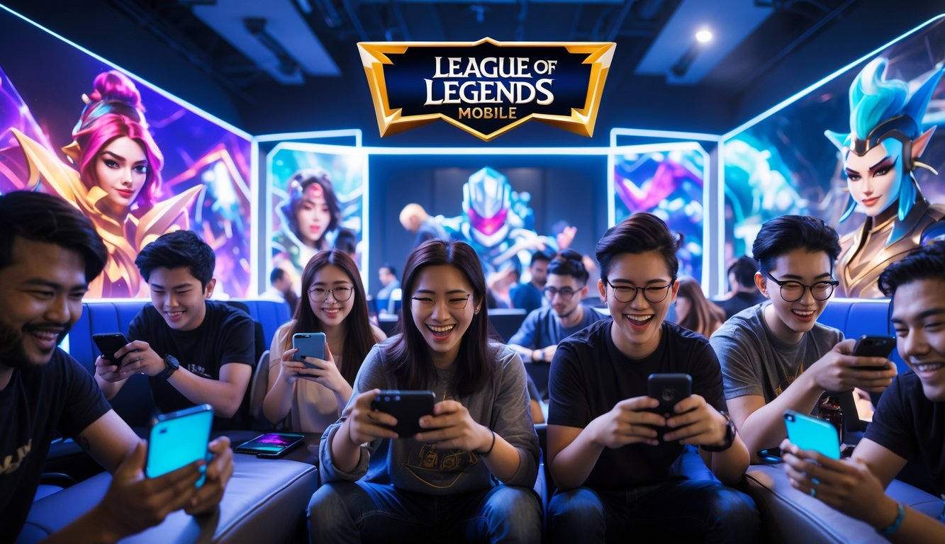 Sekelompok orang muda bermain game di ponsel dengan latar belakang karakter dan skin eksklusif dari League of Legends Mobile yang berwarna-warni.