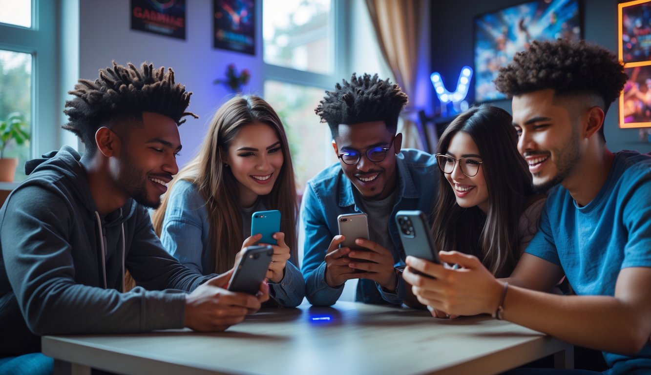 Sekelompok teman muda bermain game mobile bersama dengan antusias di ruang tamu yang nyaman.