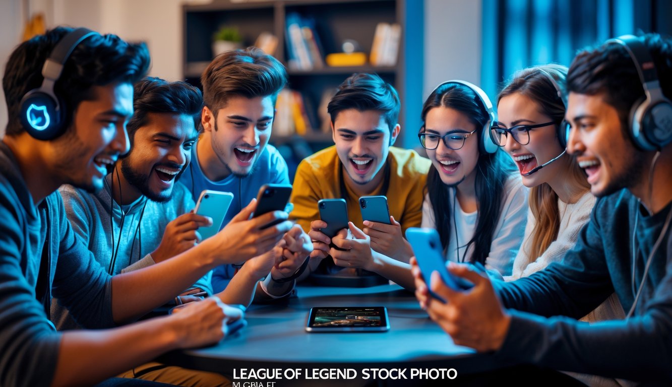 Sekelompok orang muda sedang bermain game mobile bersama dengan serius dan antusias di sebuah ruangan yang nyaman.