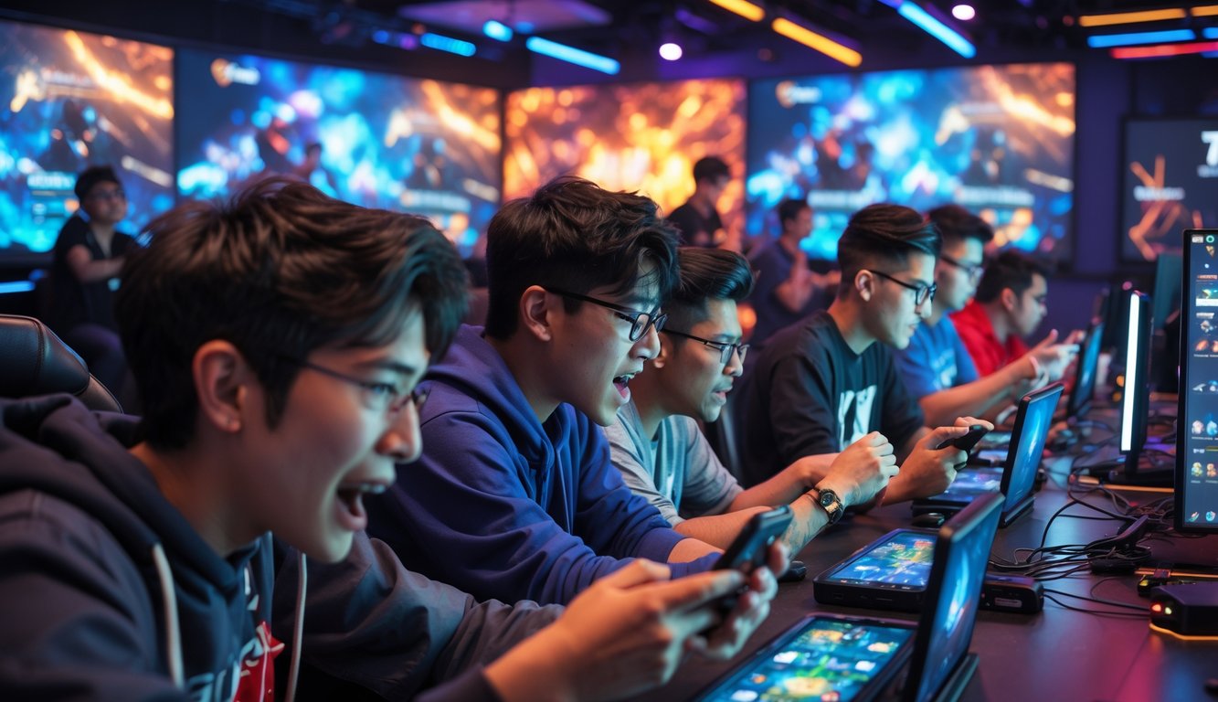 Sekelompok orang muda bermain game mobile secara kompetitif di sebuah ruang permainan dengan layar besar dan pencahayaan warna-warni.