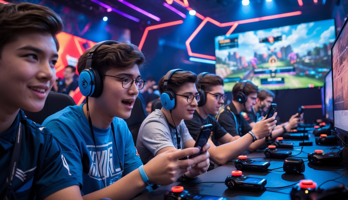 Sekelompok pemain muda sedang bermain turnamen Mobile Legends di arena game dengan layar besar dan pencahayaan warna-warni.