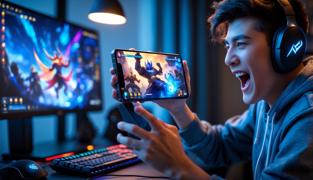 Seorang muda sedang asyik bermain game di ponsel dengan ekspresi fokus dan antusias di sebuah ruangan modern.