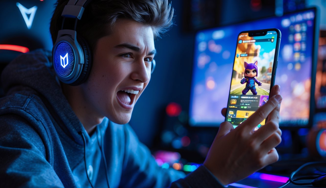 Seorang pemain muda yang antusias sedang bermain game mobile di smartphone dengan ekspresi fokus dan senang di sebuah ruang gaming modern.