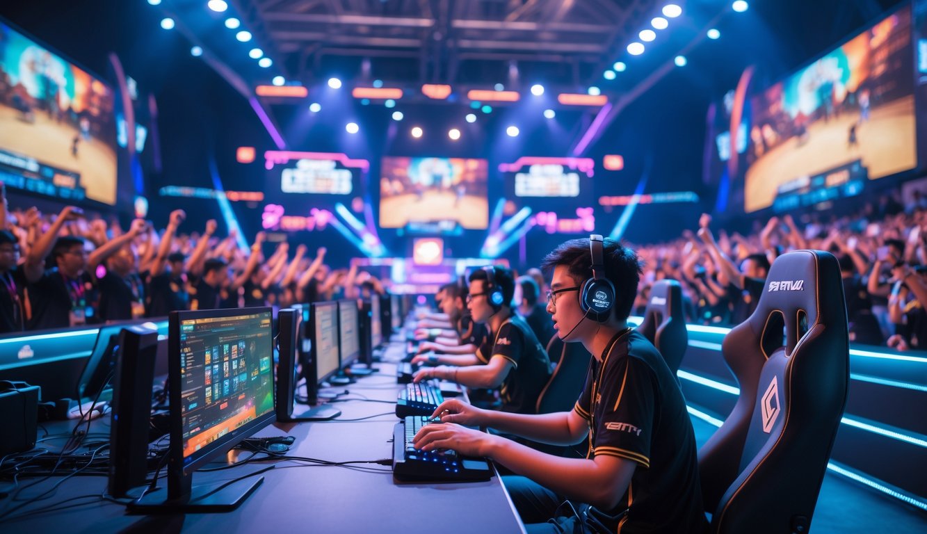 Suasana turnamen Mobile Legends besar di Indonesia dengan pemain profesional bermain di depan penonton yang antusias di arena esports.