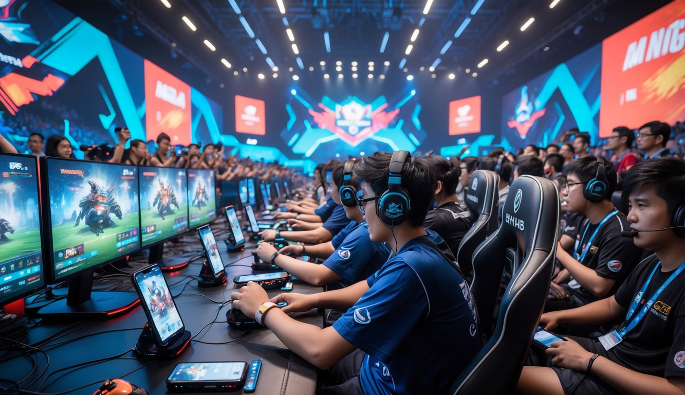 Suasana turnamen Mobile Legends besar di Indonesia dengan pemain muda fokus bermain dan penonton antusias di arena esports.