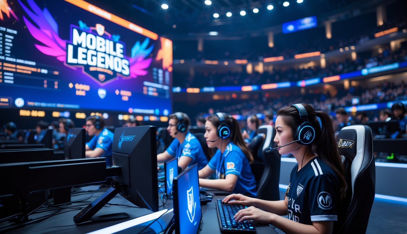 Suasana turnamen esports Mobile Legends dengan pemain yang fokus bermain di arena kompetisi yang ramai.