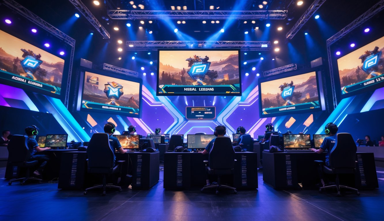 Suasana turnamen esports Mobile Legends dengan pemain profesional yang sedang bermain di atas panggung dan penonton yang antusias di latar belakang.