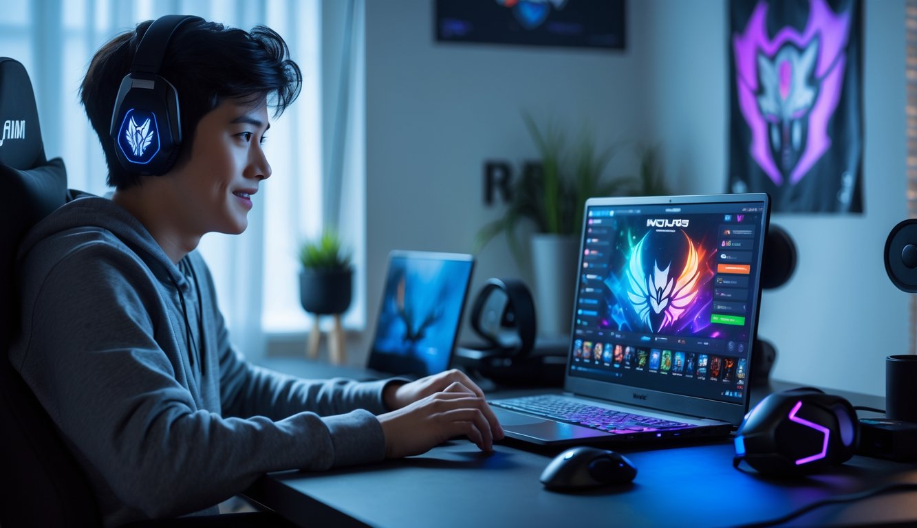 Seorang pemain pemula sedang mendaftar turnamen Mobile Legends secara online di depan laptop di sebuah ruangan yang nyaman.
