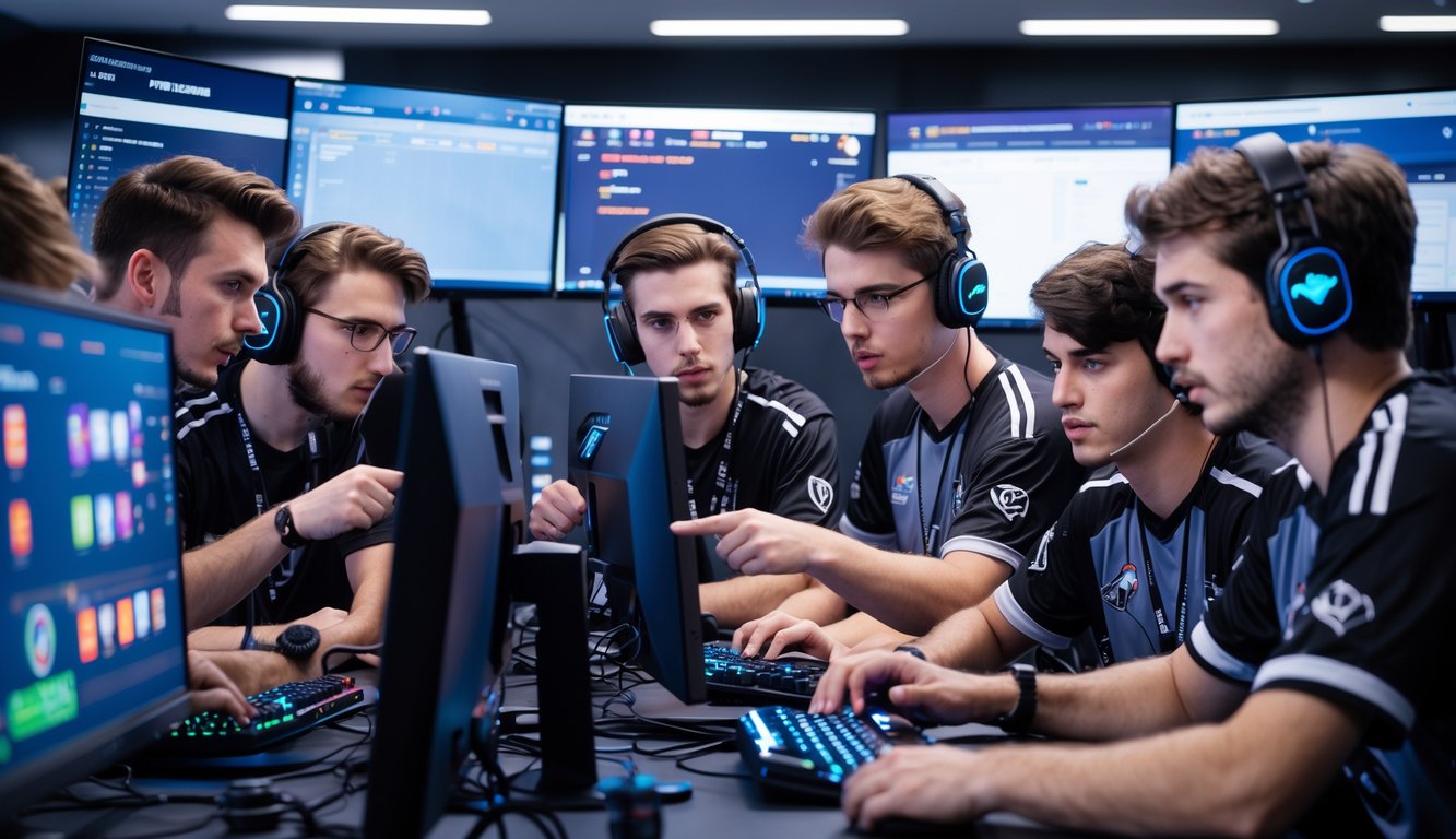 Sekelompok pemain esports semi profesional sedang berdiskusi dan merencanakan strategi di depan komputer dengan tampilan permainan Mobile Legends.