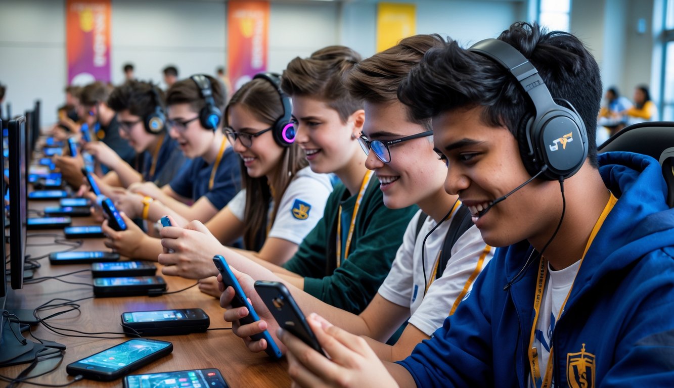 Sejumlah pelajar dan mahasiswa sedang bermain game mobile secara kompetitif di sebuah ruangan kampus yang cerah dan ramai.