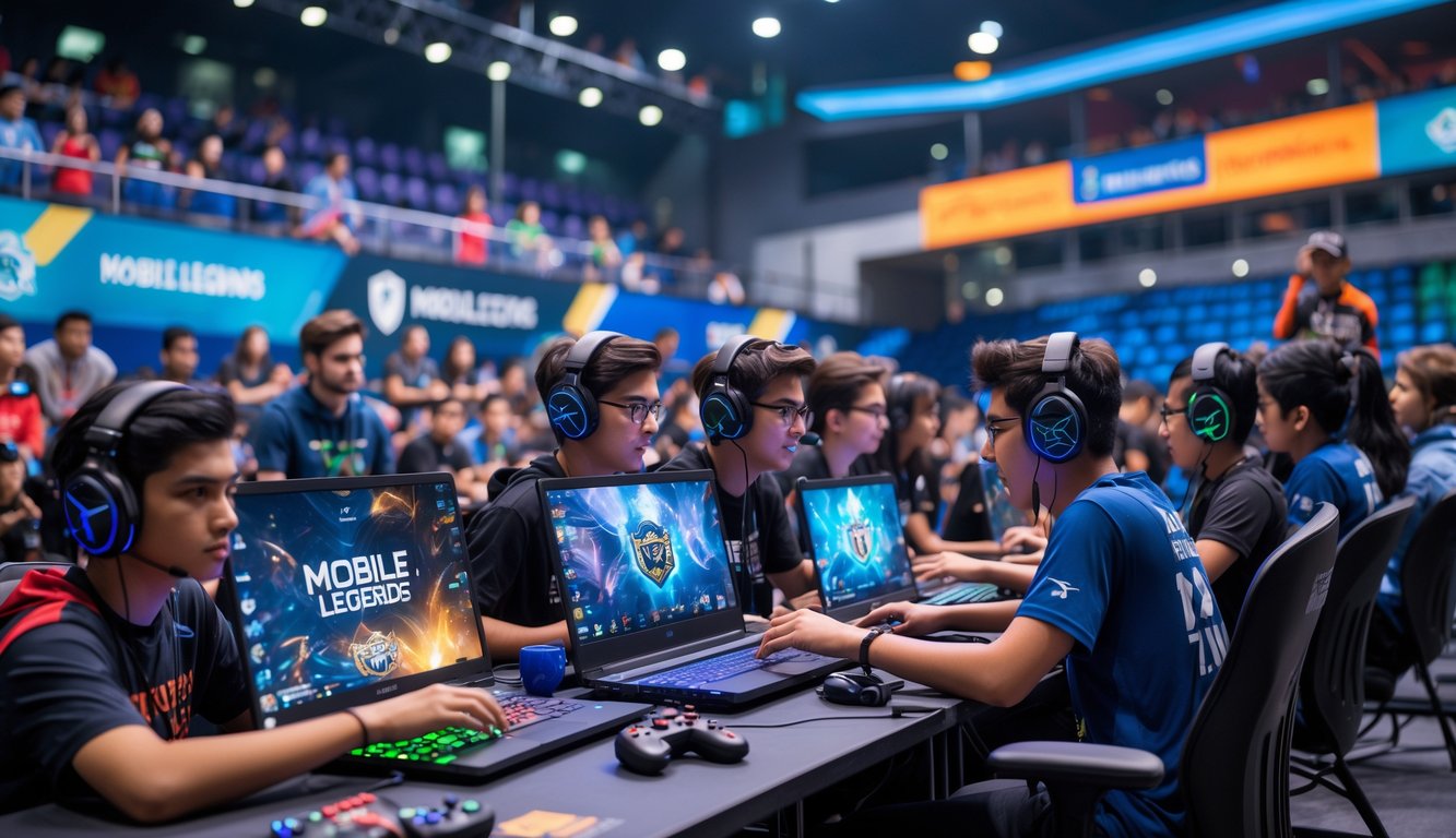 Sekelompok pelajar dan mahasiswa sedang bermain game Mobile Legends dalam turnamen di arena esports yang modern dan penuh semangat.