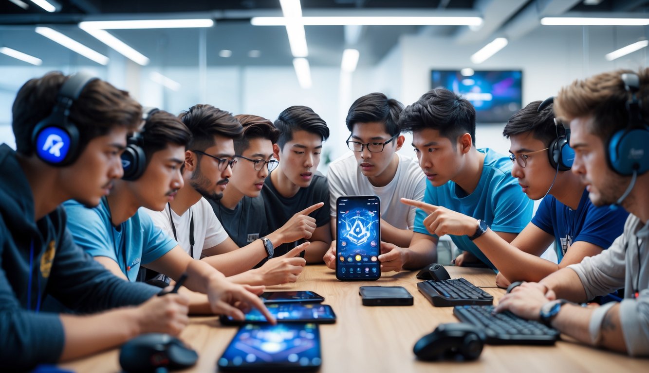 Sekelompok orang muda sedang berdiskusi dan bekerja sama di sekitar meja dengan perangkat mobile yang menampilkan permainan Mobile Legends.