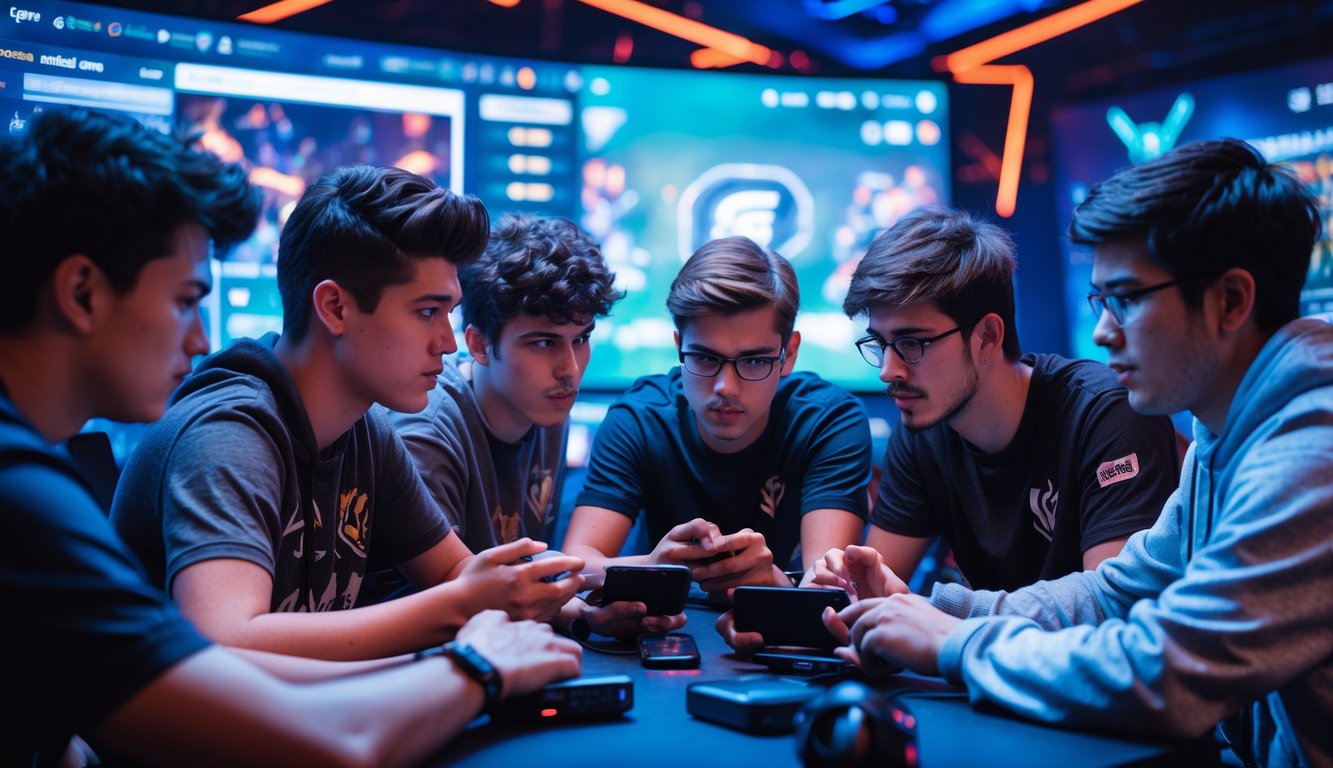 Sekelompok orang muda sedang bekerja sama dan berdiskusi serius di sekitar meja dengan ponsel dan aksesori game, tampak fokus dalam suasana turnamen Mobile Legend.