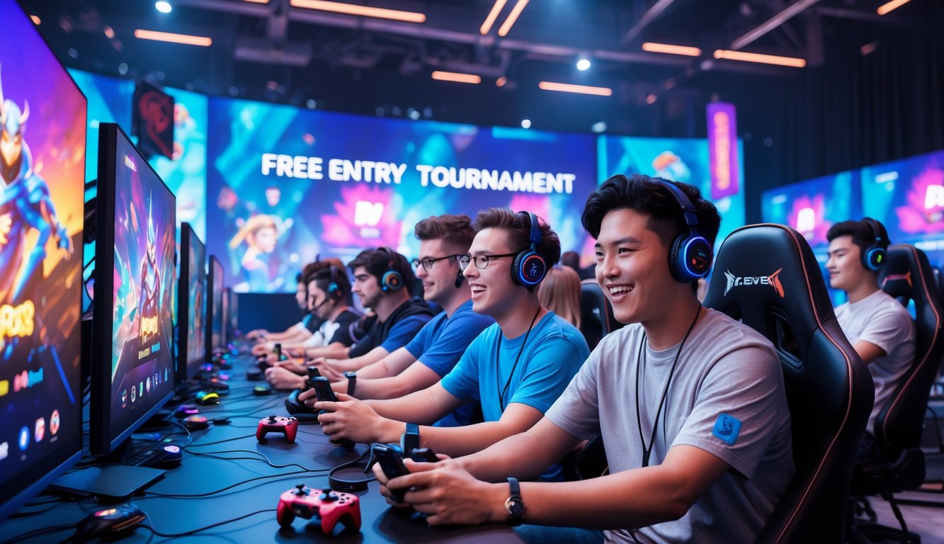 Sekelompok orang muda sedang bermain game Mobile Legends dalam turnamen di arena gaming dengan layar besar dan pencahayaan cerah.