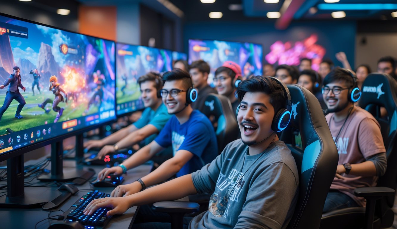 Sekelompok orang muda bermain game Mobile Legends bersama di sebuah ruangan gaming modern.