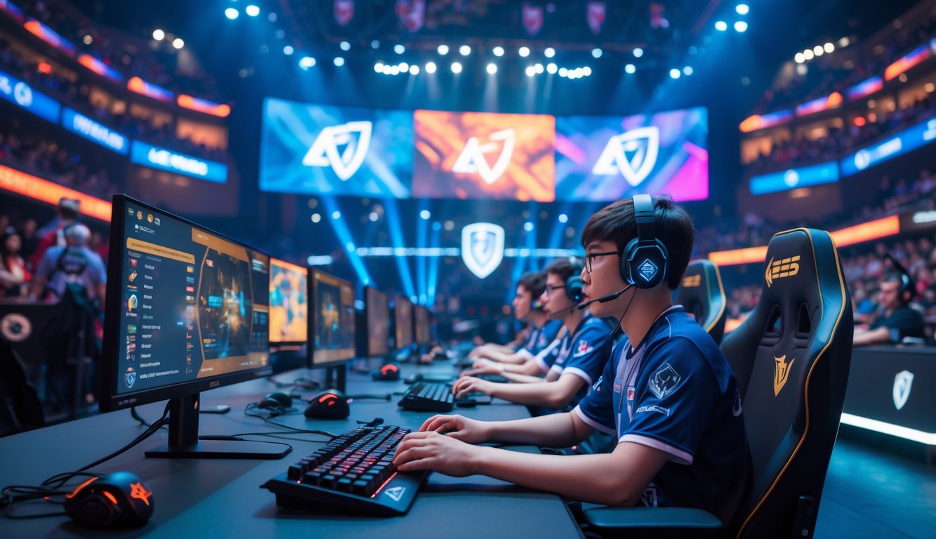 Suasana turnamen esports Mobile Legends resmi dengan pemain yang sedang bermain dan layar besar menampilkan visual pertandingan serta sistem bracket terbaru.