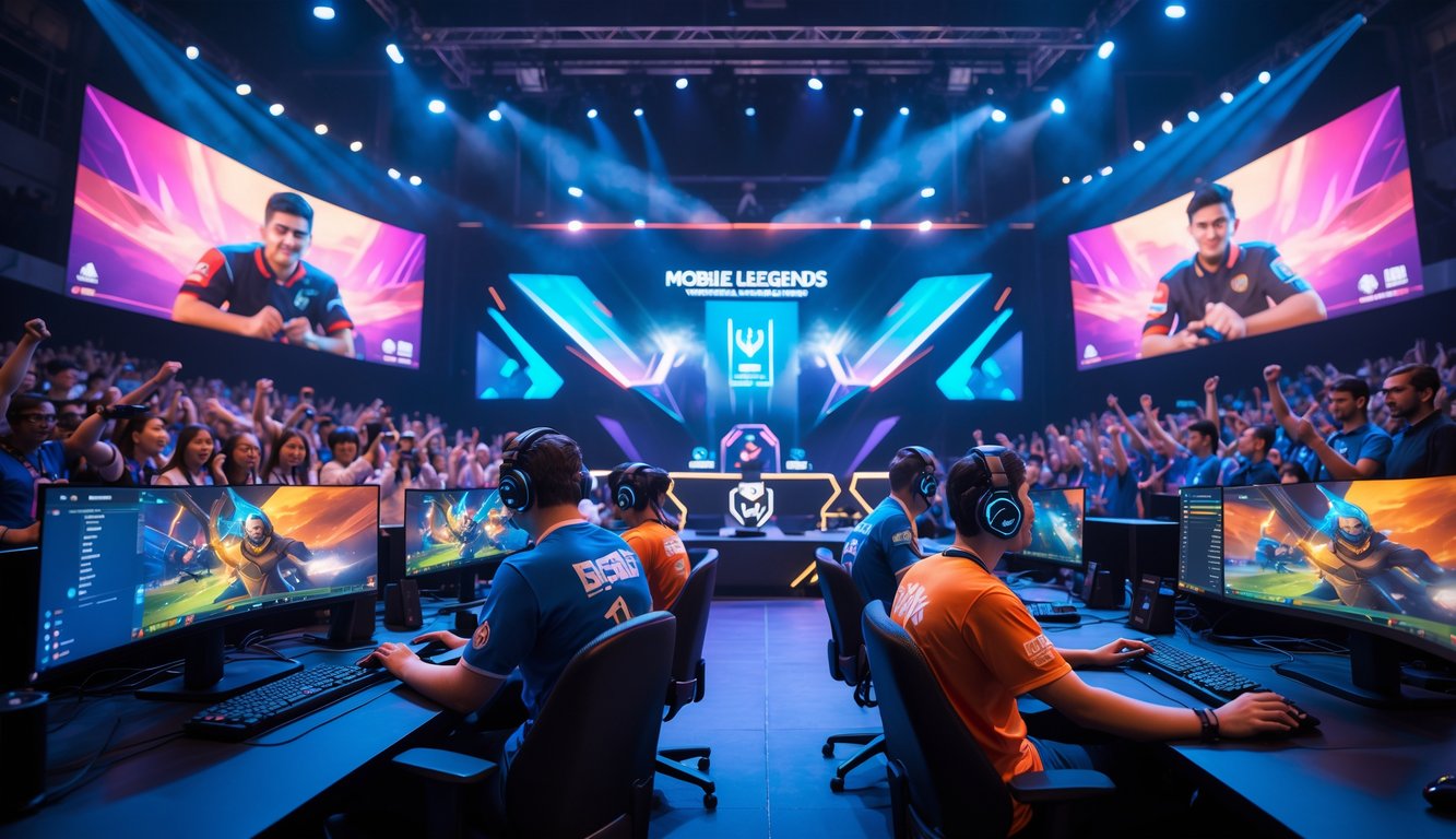Suasana turnamen esports Mobile Legends dengan pemain profesional yang sedang bertanding di panggung dan penonton yang antusias di arena.