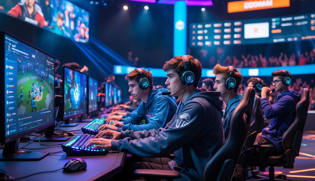 Sekelompok orang muda bermain turnamen game Mobile Legends secara offline dan online di arena esports dengan layar besar dan peralatan gaming.