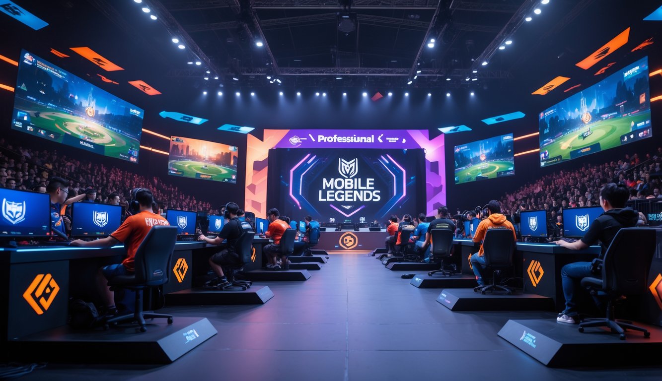 Suasana turnamen Mobile Legends tingkat dunia dengan pemain esports profesional yang sedang bertanding di arena besar di depan penonton.