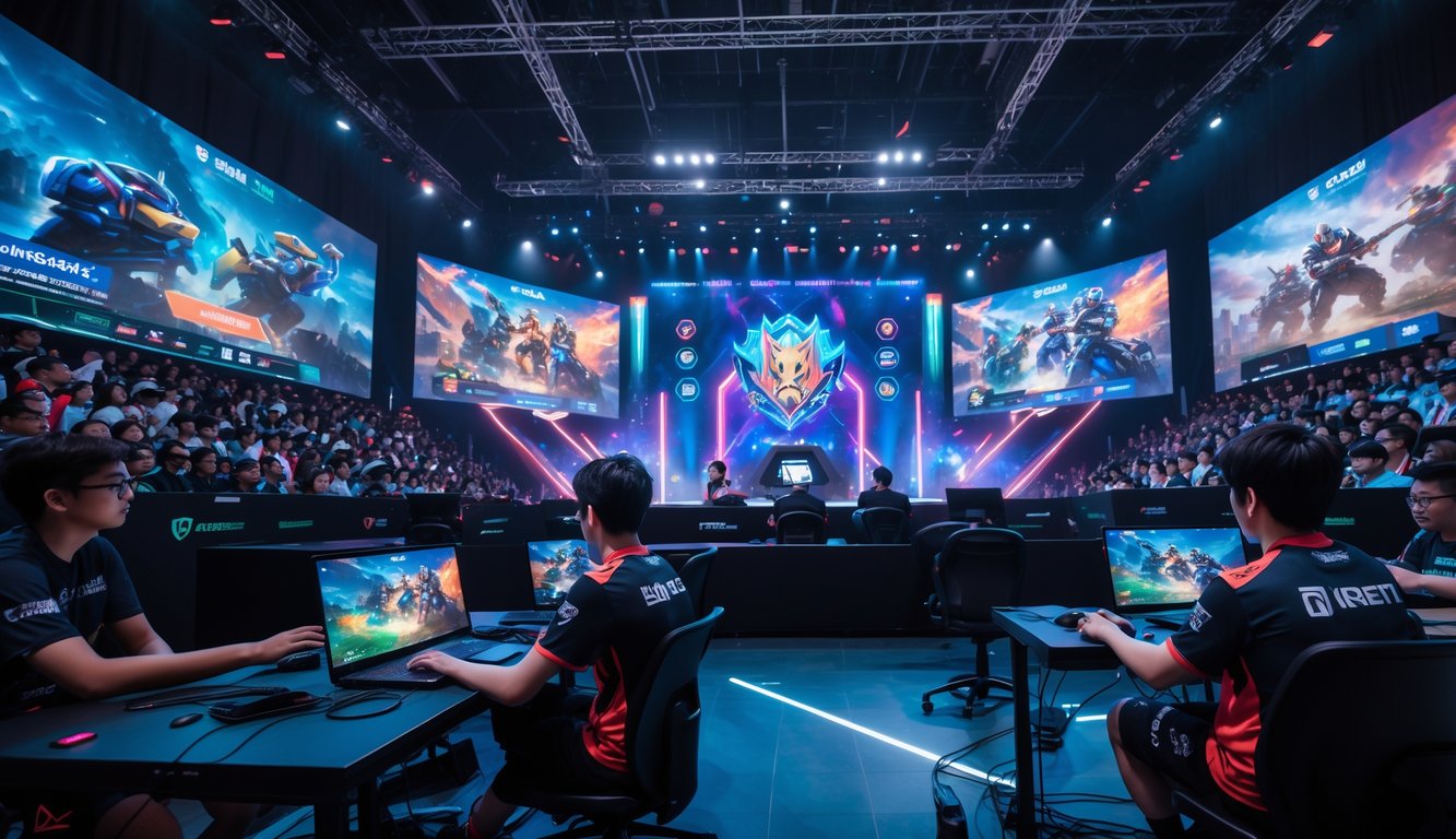 Suasana turnamen esports Mobile Legends dengan pemain profesional di panggung dan penonton ramai di arena.