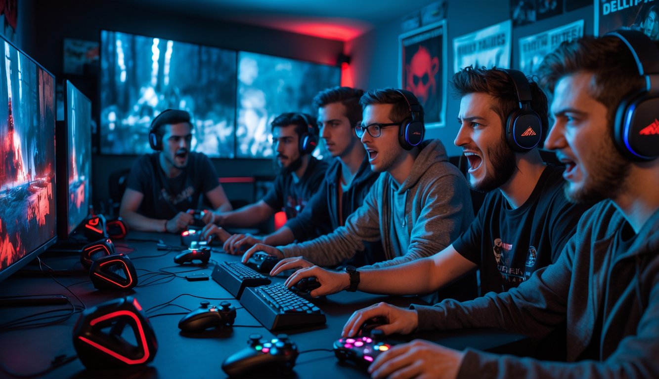 Sekelompok orang muda bermain game horor Dead by Daylight bersama di ruangan dengan pencahayaan redup dan layar komputer yang menampilkan suasana gelap dan menegangkan.